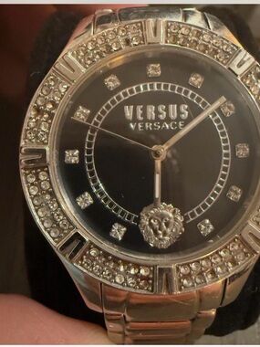 Versace Silver Tone Crystal-Accented Black Dial Watch